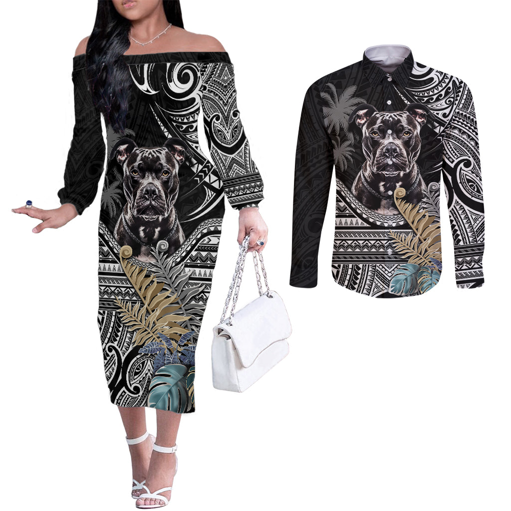 polynesian-pitbull-couples-matching-off-the-shoulder-long-sleeve-dress-and-long-sleeve-button-shirts-polynesian-pattern-and-pitbull