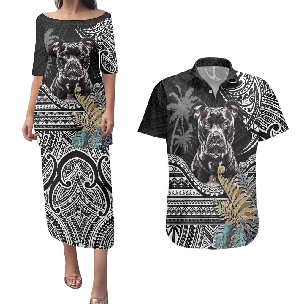Polynesian Pitbull Couples Matching Puletasi Dress and Hawaiian Shirt Polynesian Pattern And Pitbull - Wonder Print Shop