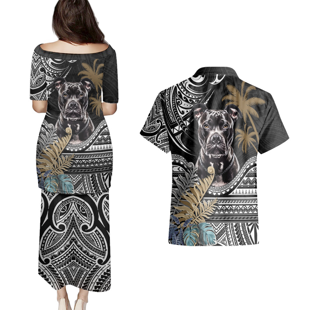 Polynesian Pitbull Couples Matching Puletasi Dress and Hawaiian Shirt Polynesian Pattern And Pitbull - Wonder Print Shop