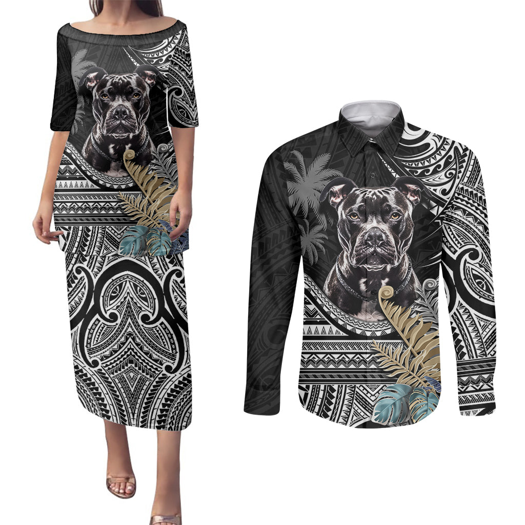 Polynesian Pitbull Couples Matching Puletasi Dress and Long Sleeve Button Shirts Polynesian Pattern And Pitbull - Wonder Print Shop