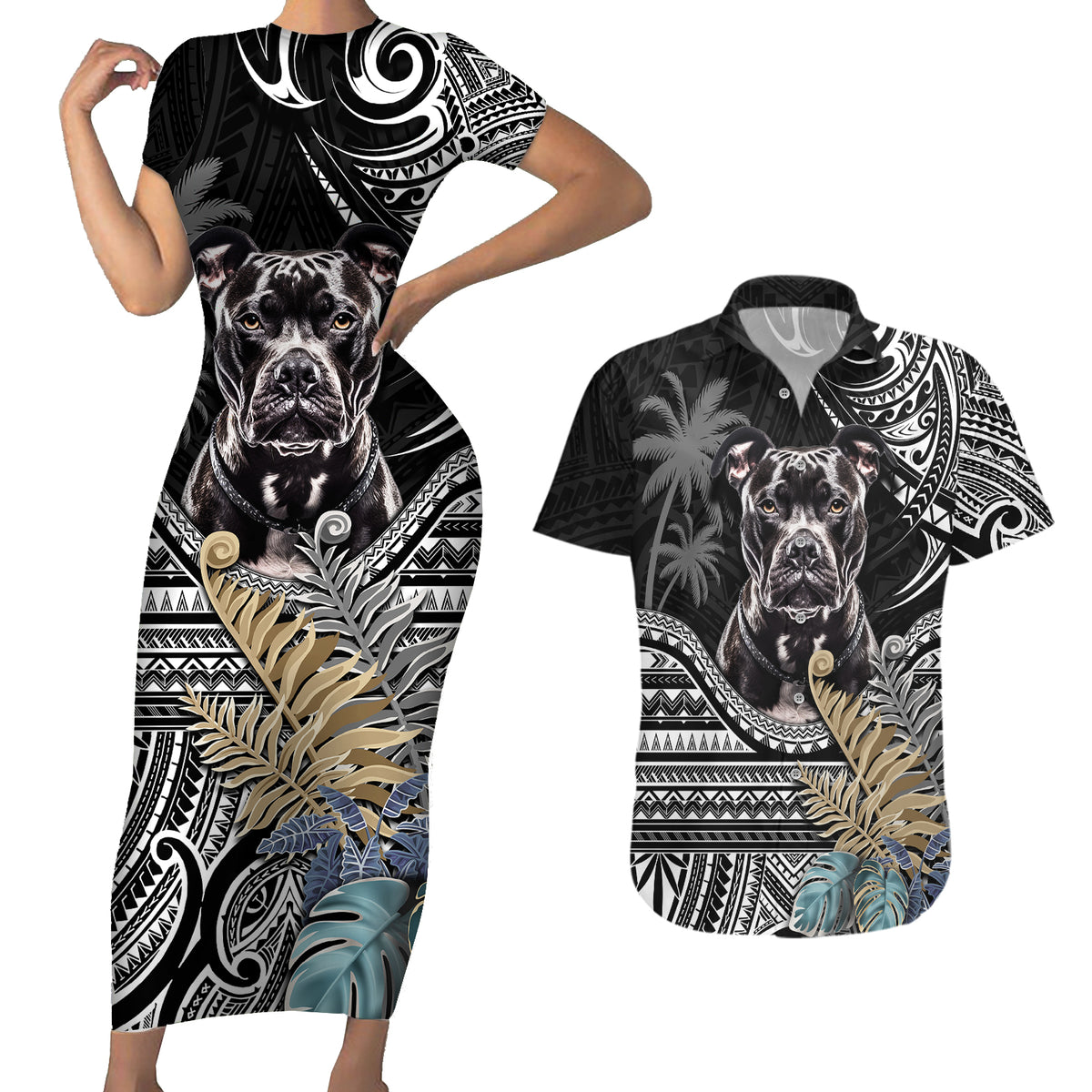 Polynesian Pitbull Couples Matching Short Sleeve Bodycon Dress and Hawaiian Shirt Polynesian Pattern And Pitbull - Wonder Print Shop