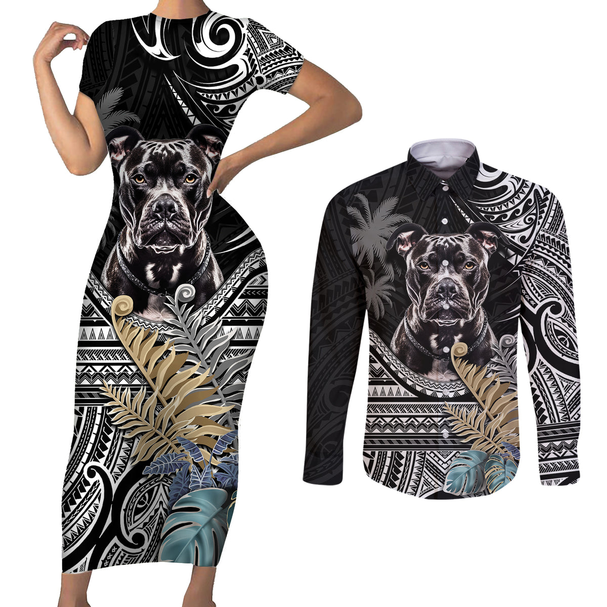 Polynesian Pitbull Couples Matching Short Sleeve Bodycon Dress and Long Sleeve Button Shirts Polynesian Pattern And Pitbull - Wonder Print Shop