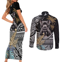 Polynesian Pitbull Couples Matching Short Sleeve Bodycon Dress and Long Sleeve Button Shirts Polynesian Pattern And Pitbull - Wonder Print Shop