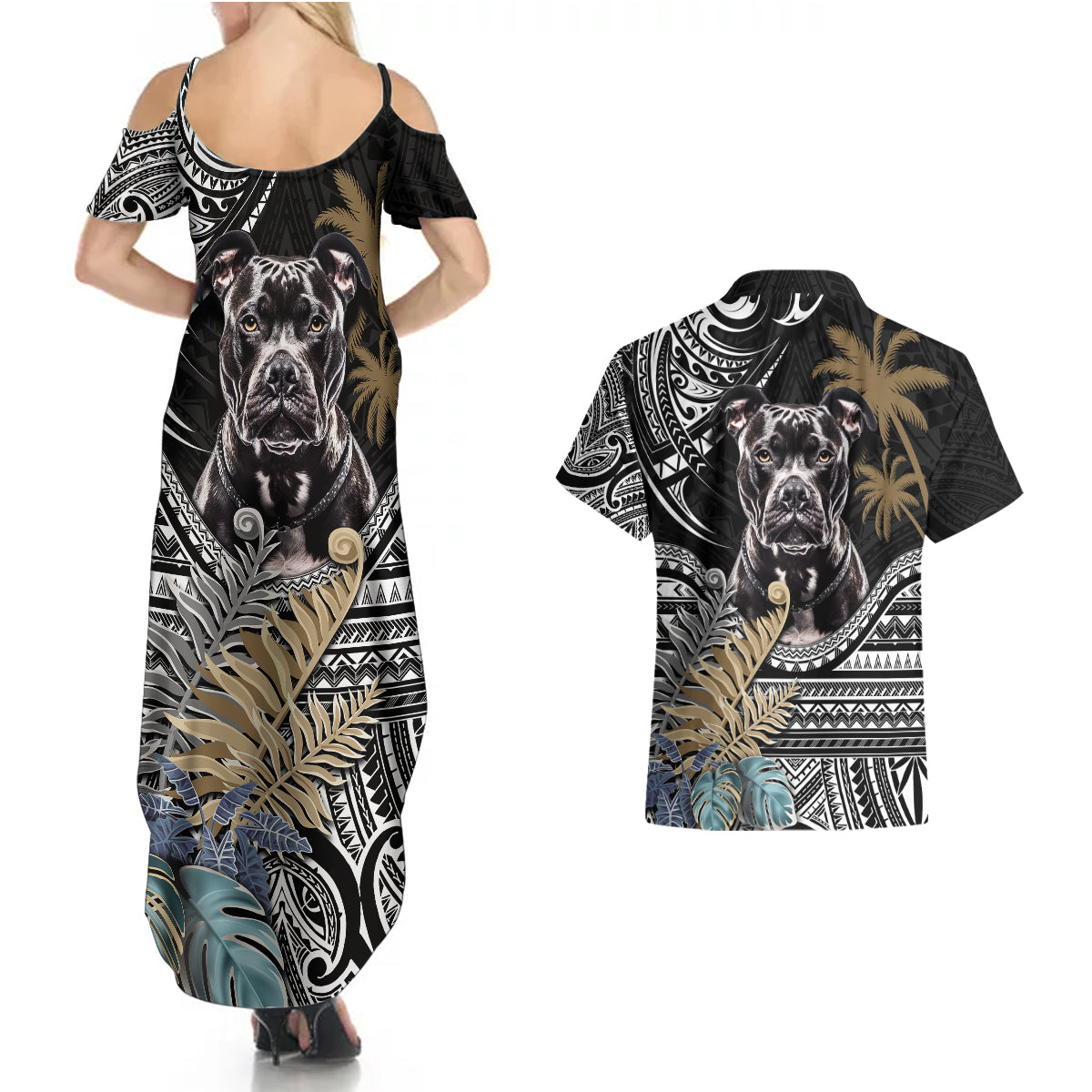 Polynesian Pitbull Couples Matching Summer Maxi Dress and Hawaiian Shirt Polynesian Pattern And Pitbull - Wonder Print Shop
