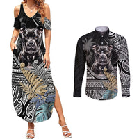Polynesian Pitbull Couples Matching Summer Maxi Dress and Long Sleeve Button Shirts Polynesian Pattern And Pitbull - Wonder Print Shop