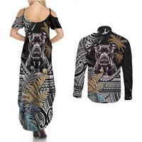 Polynesian Pitbull Couples Matching Summer Maxi Dress and Long Sleeve Button Shirts Polynesian Pattern And Pitbull - Wonder Print Shop