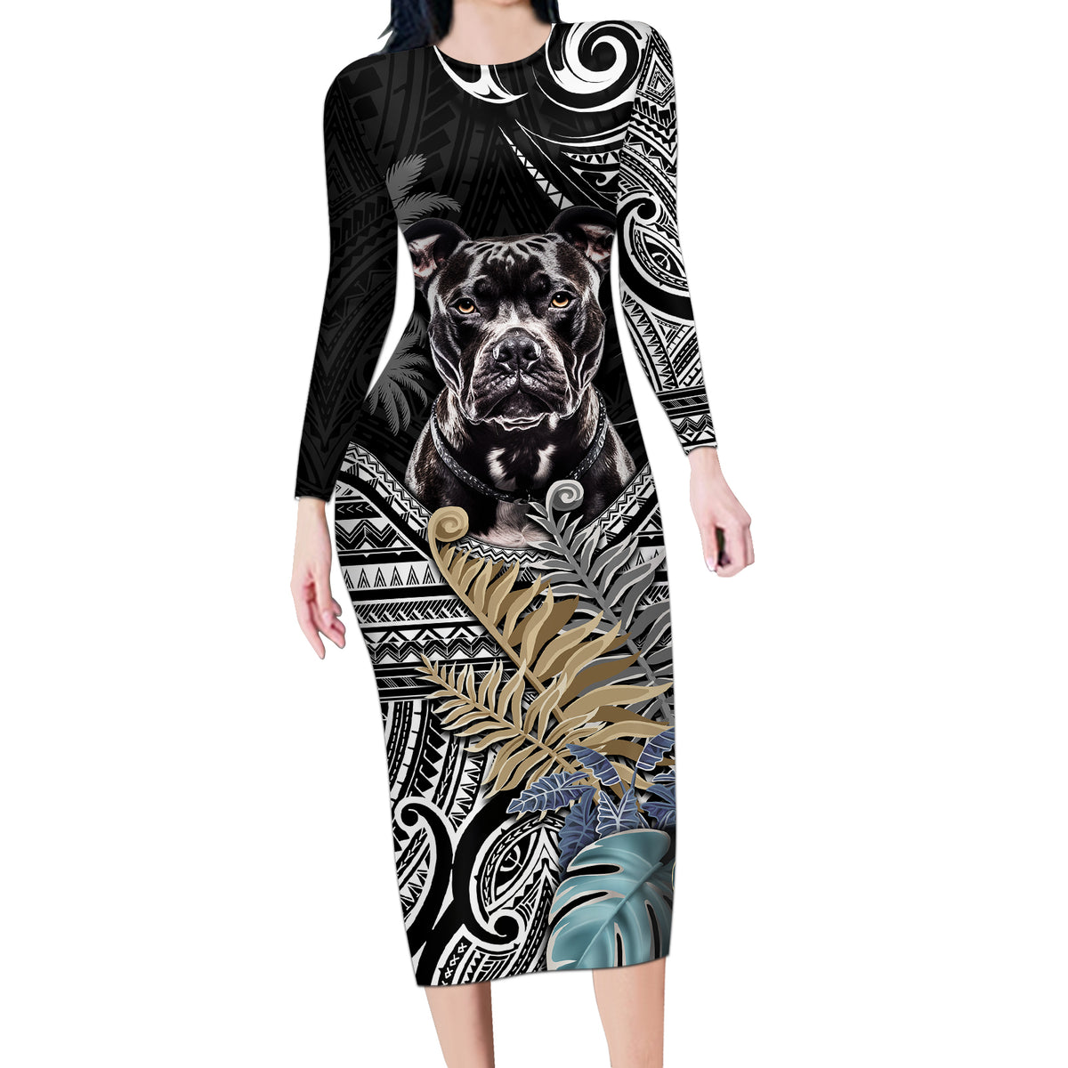 Polynesian Pitbull Long Sleeve Bodycon Dress Polynesian Pattern And Pitbull - Wonder Print Shop
