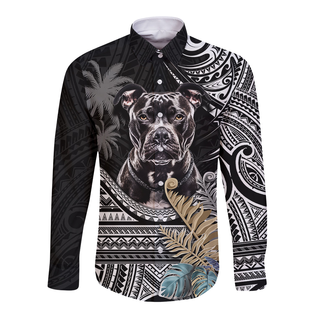 Polynesian Pitbull Long Sleeve Button Shirt Polynesian Pattern And Pitbull - Wonder Print Shop