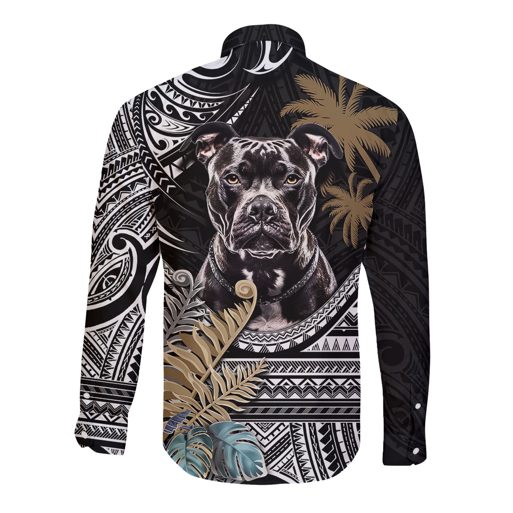 Polynesian Pitbull Long Sleeve Button Shirt Polynesian Pattern And Pitbull - Wonder Print Shop