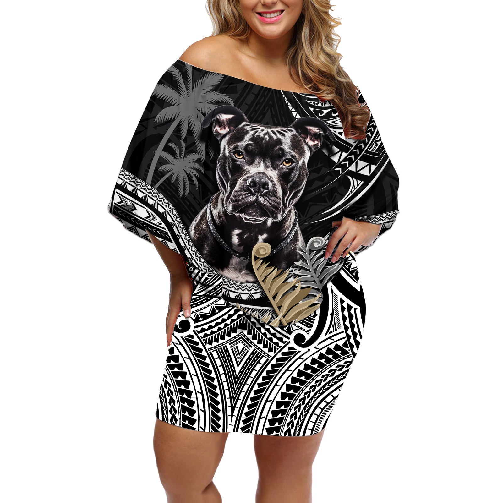 Polynesian Pitbull Off Shoulder Short Dress Polynesian Pattern And Pitbull - Wonder Print Shop