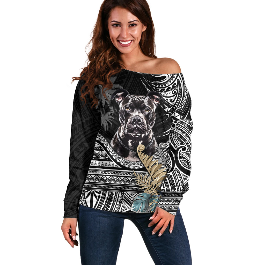 Polynesian Pitbull Off Shoulder Sweater Polynesian Pattern And Pitbull - Wonder Print Shop