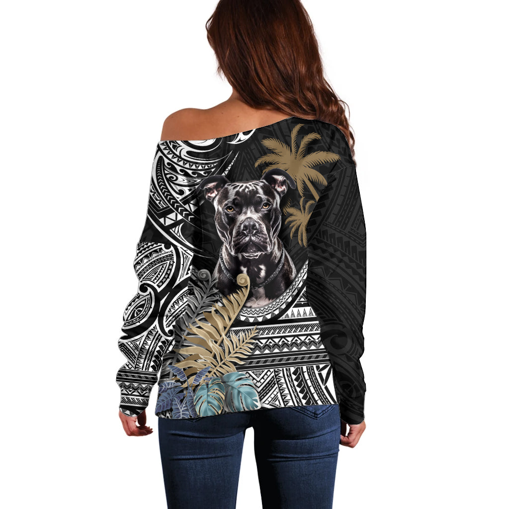Polynesian Pitbull Off Shoulder Sweater Polynesian Pattern And Pitbull - Wonder Print Shop