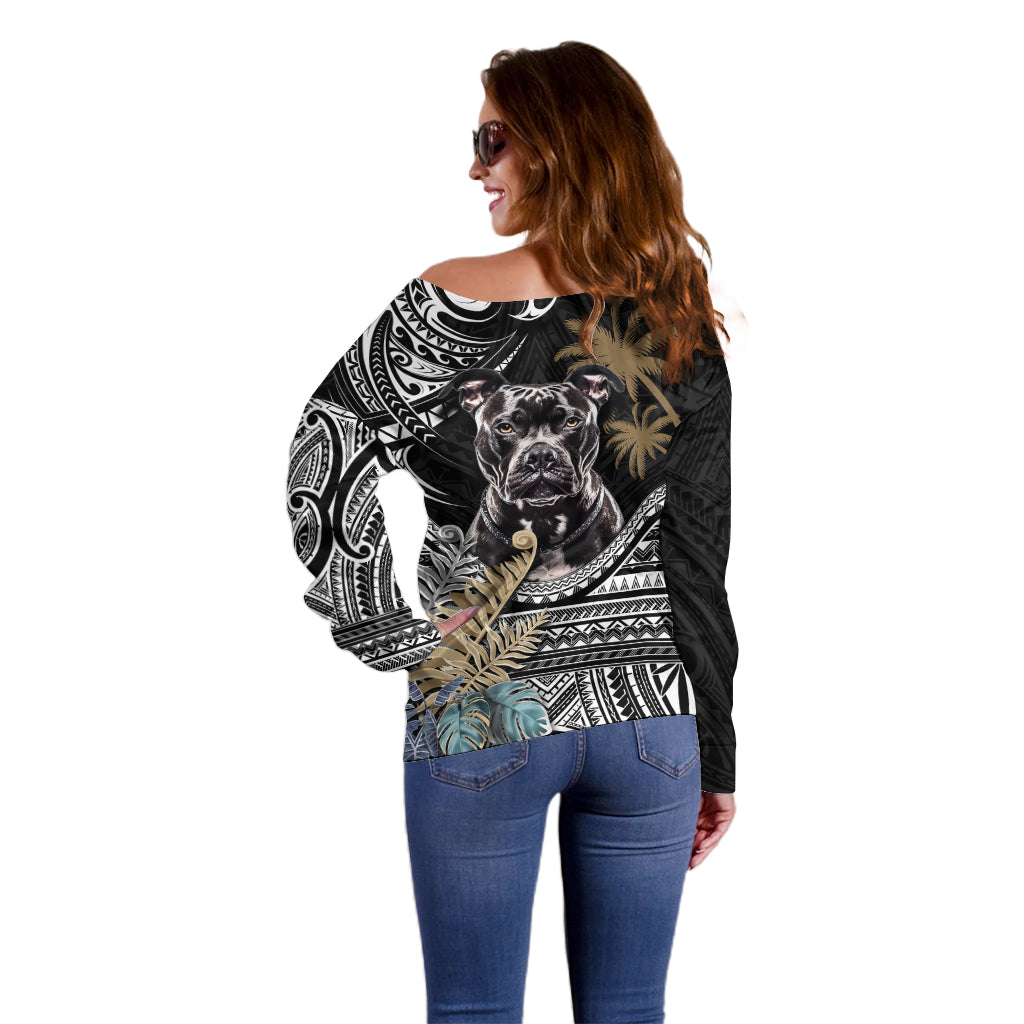 Polynesian Pitbull Off Shoulder Sweater Polynesian Pattern And Pitbull - Wonder Print Shop