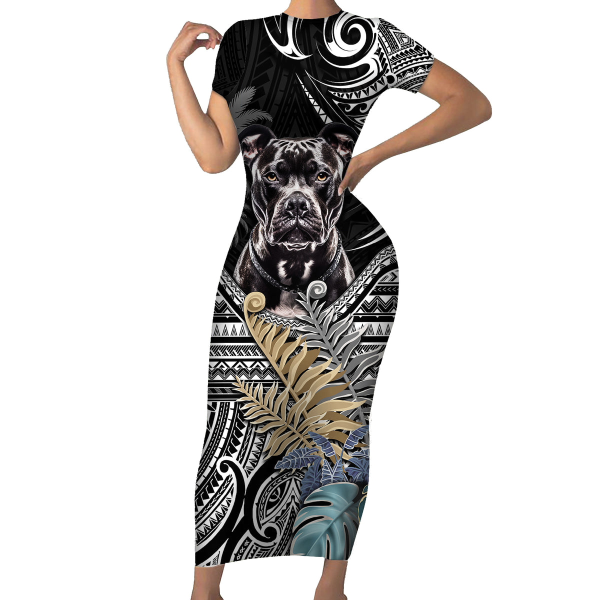 Polynesian Pitbull Short Sleeve Bodycon Dress Polynesian Pattern And Pitbull - Wonder Print Shop