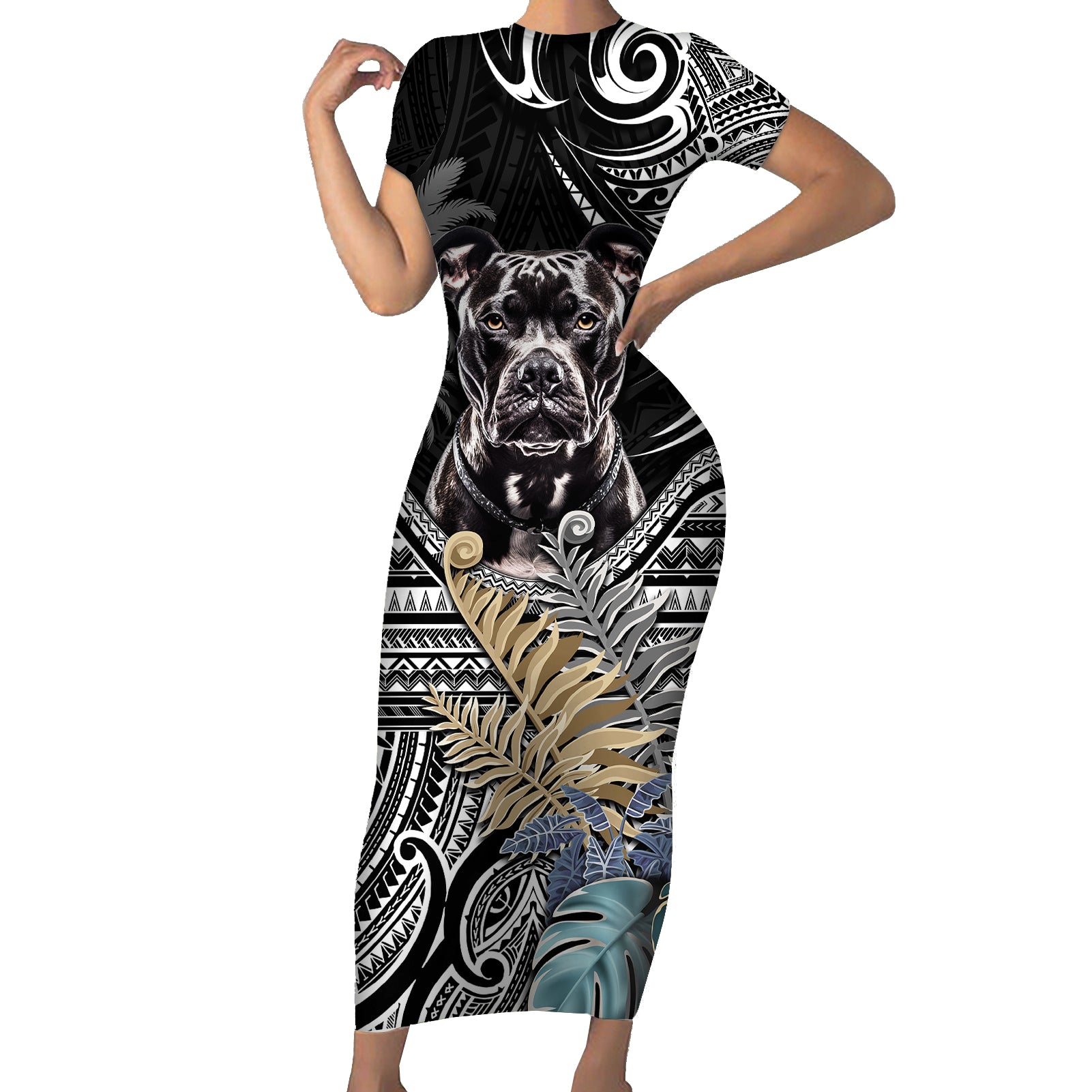 Polynesian Pitbull Short Sleeve Bodycon Dress Polynesian Pattern And Pitbull - Wonder Print Shop