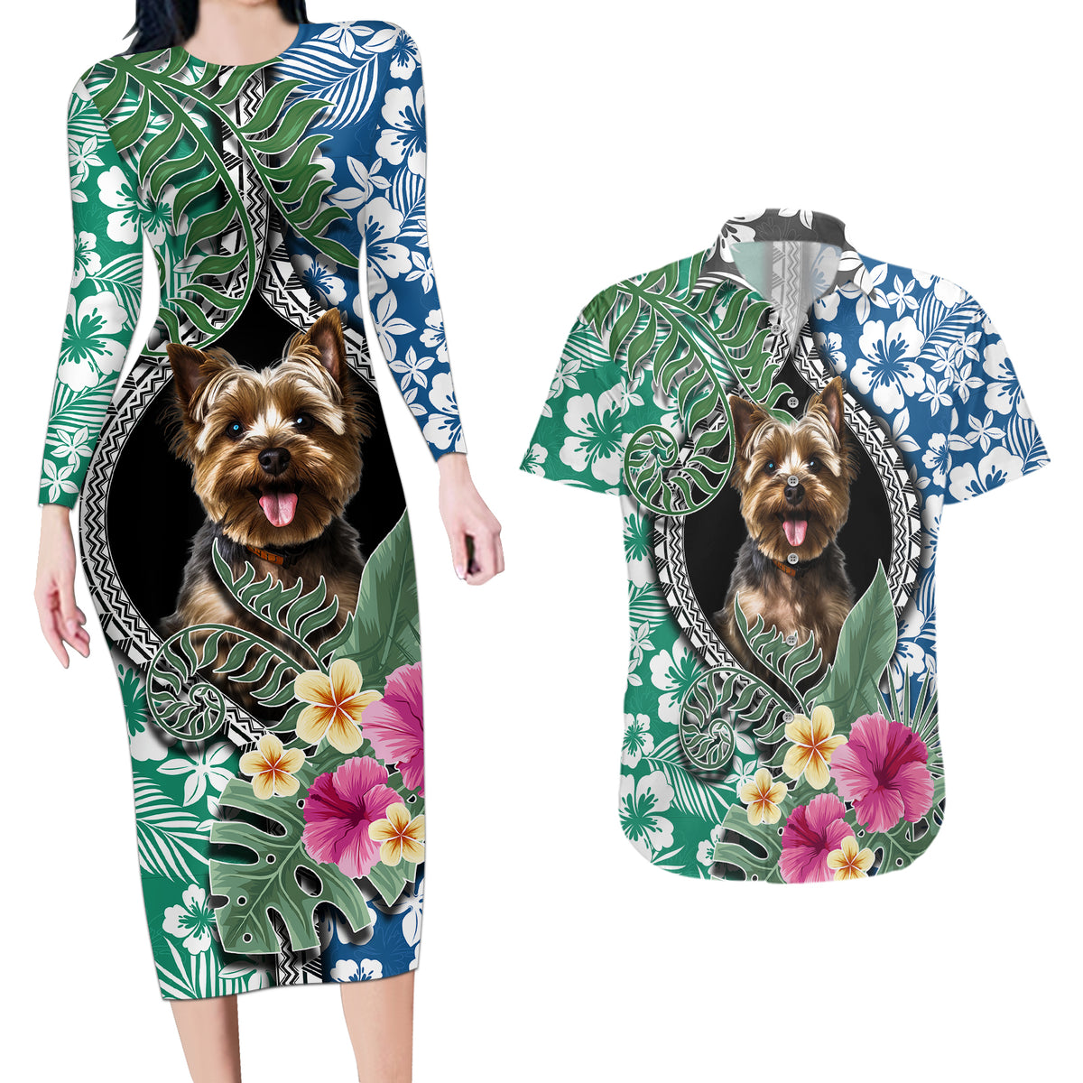 Polynesian Yorkshire Terrier Couples Matching Long Sleeve Bodycon Dress and Hawaiian Shirt Polynesian Pattern And Yorkshire Terrier - Wonder Print Shop