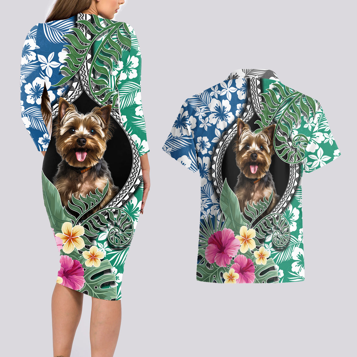 Polynesian Yorkshire Terrier Couples Matching Long Sleeve Bodycon Dress and Hawaiian Shirt Polynesian Pattern And Yorkshire Terrier - Wonder Print Shop
