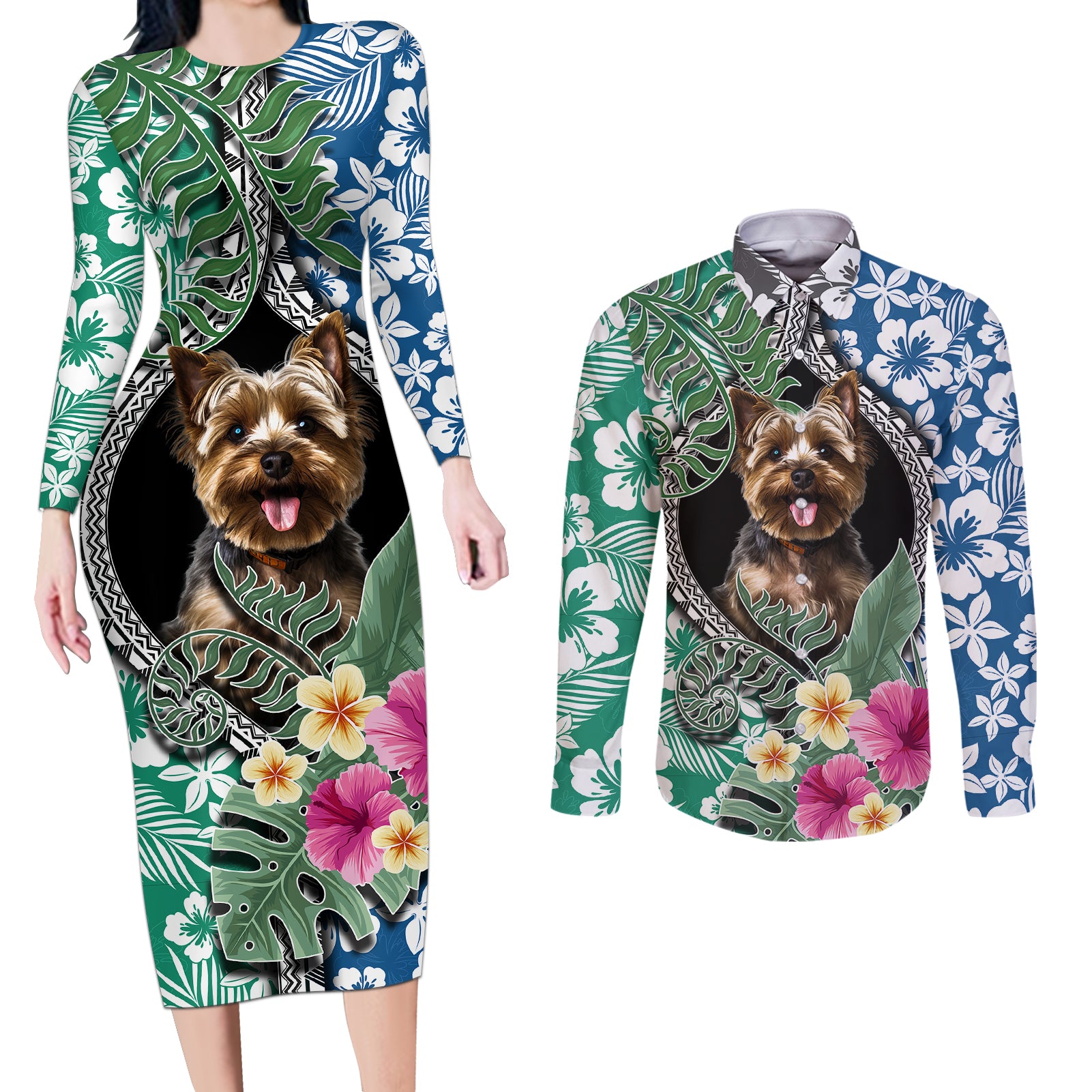 Polynesian Yorkshire Terrier Couples Matching Long Sleeve Bodycon Dress and Long Sleeve Button Shirts Polynesian Pattern And Yorkshire Terrier - Wonder Print Shop