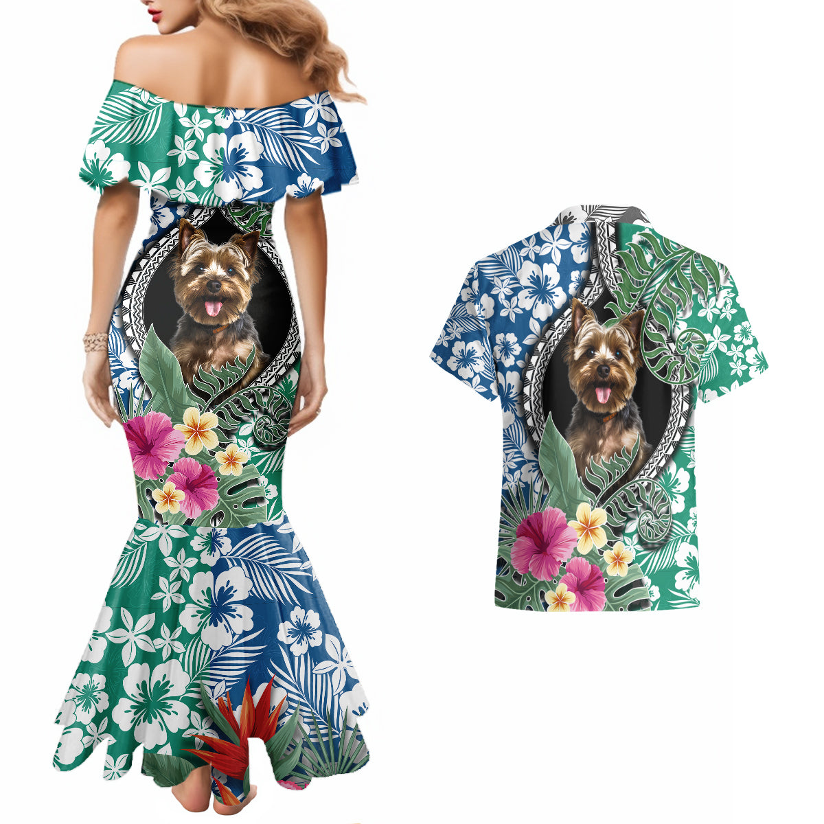 Polynesian Yorkshire Terrier Couples Matching Mermaid Dress and Hawaiian Shirt Polynesian Pattern And Yorkshire Terrier - Wonder Print Shop