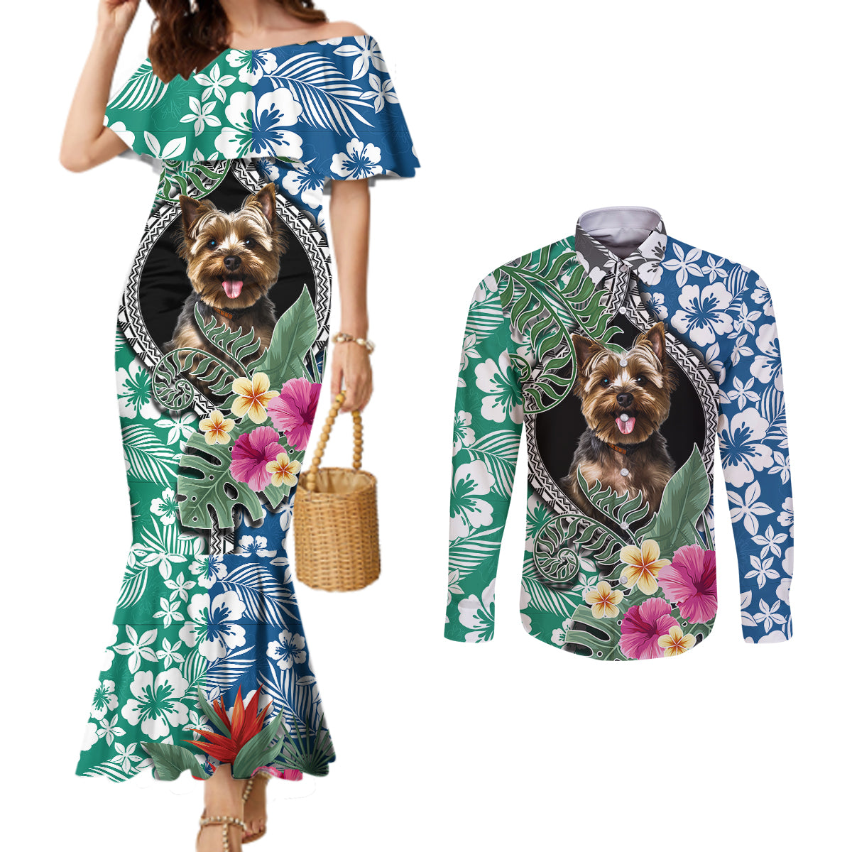 polynesian-yorkshire-terrier-couples-matching-mermaid-dress-and-long-sleeve-button-shirts-polynesian-pattern-and-yorkshire-terrier