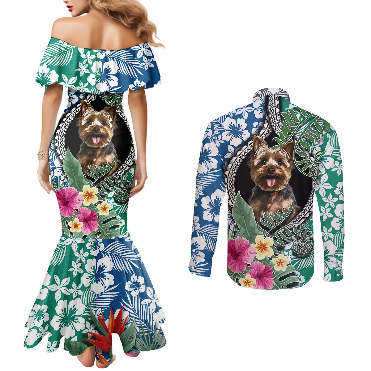 polynesian-yorkshire-terrier-couples-matching-mermaid-dress-and-long-sleeve-button-shirts-polynesian-pattern-and-yorkshire-terrier