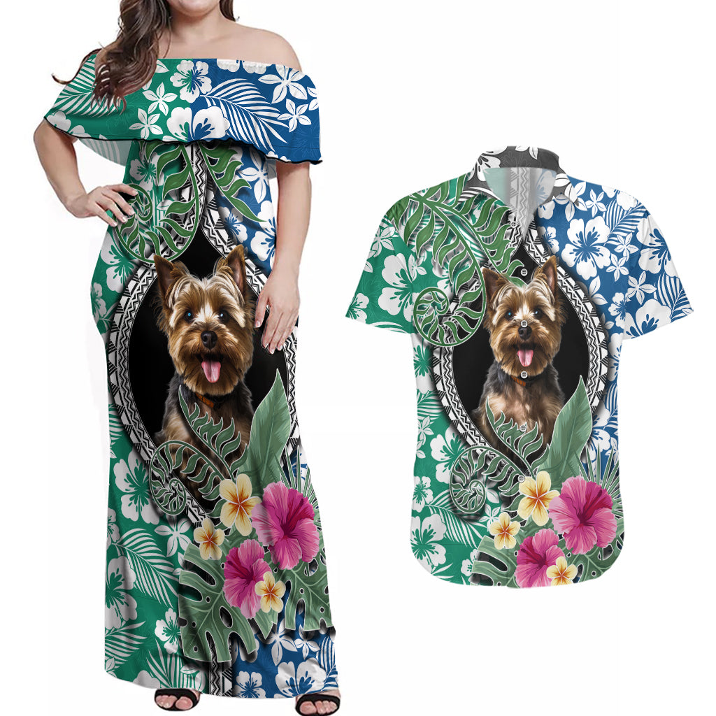 Polynesian Yorkshire Terrier Couples Matching Off Shoulder Maxi Dress and Hawaiian Shirt Polynesian Pattern And Yorkshire Terrier - Wonder Print Shop