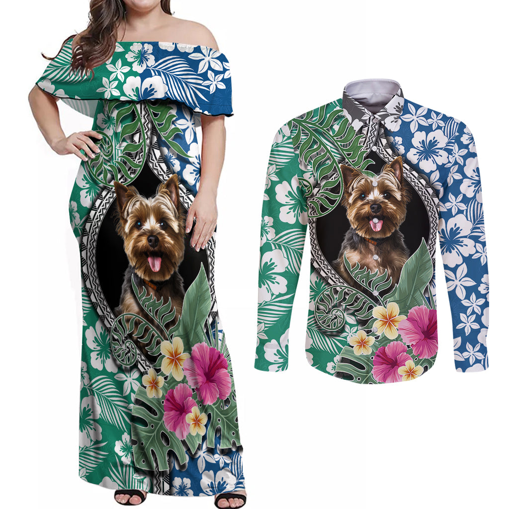 Polynesian Yorkshire Terrier Couples Matching Off Shoulder Maxi Dress and Long Sleeve Button Shirts Polynesian Pattern And Yorkshire Terrier - Wonder Print Shop