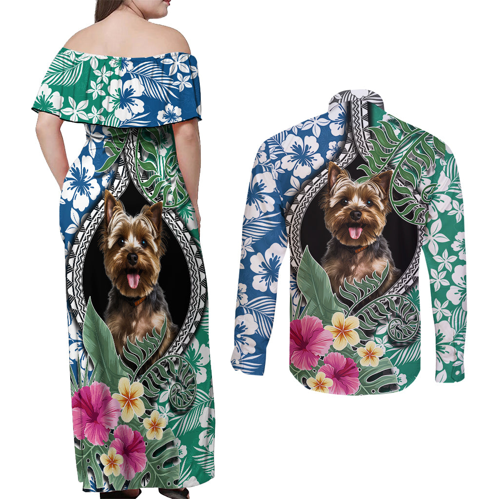 Polynesian Yorkshire Terrier Couples Matching Off Shoulder Maxi Dress and Long Sleeve Button Shirts Polynesian Pattern And Yorkshire Terrier - Wonder Print Shop