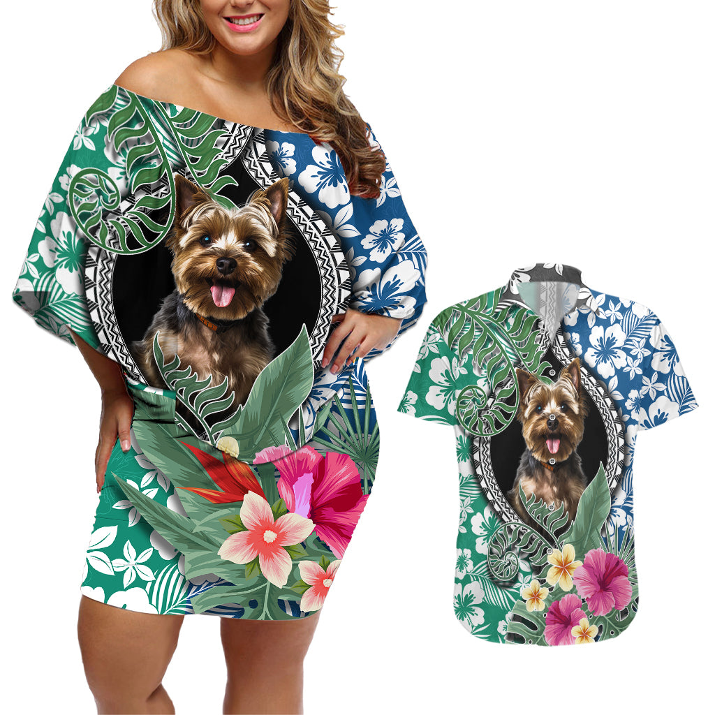 Polynesian Yorkshire Terrier Couples Matching Off Shoulder Short Dress and Hawaiian Shirt Polynesian Pattern And Yorkshire Terrier - Wonder Print Shop