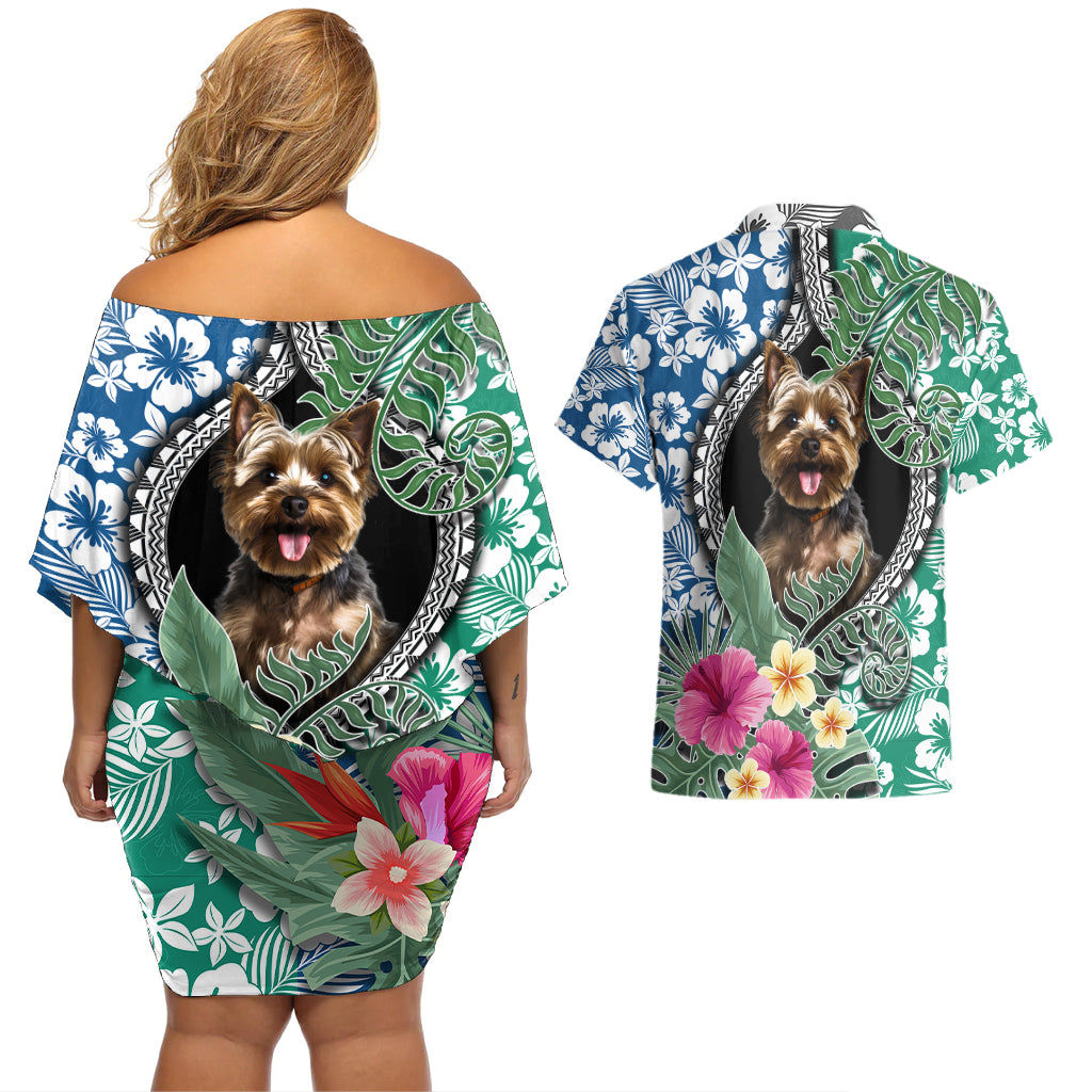 Polynesian Yorkshire Terrier Couples Matching Off Shoulder Short Dress and Hawaiian Shirt Polynesian Pattern And Yorkshire Terrier - Wonder Print Shop