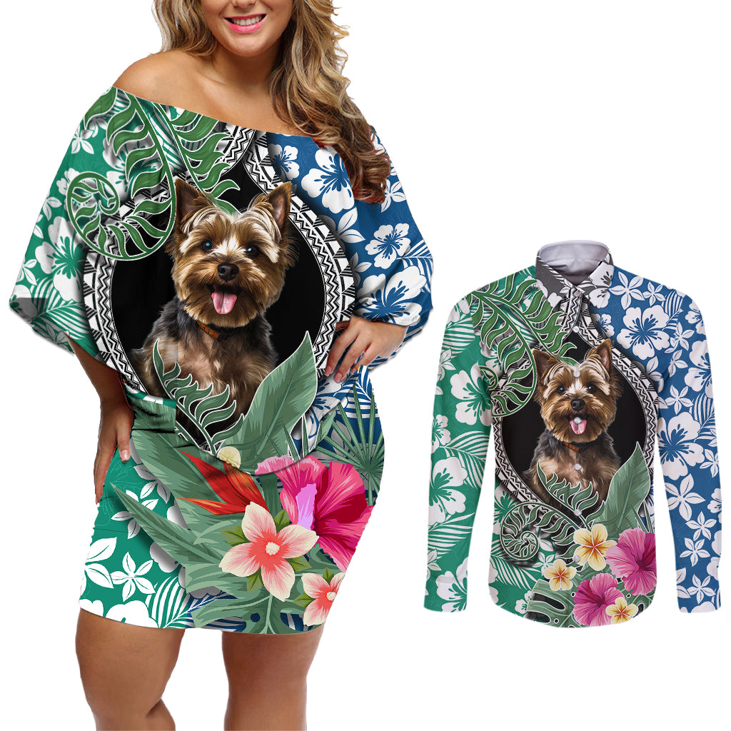 Polynesian Yorkshire Terrier Couples Matching Off Shoulder Short Dress and Long Sleeve Button Shirts Polynesian Pattern And Yorkshire Terrier - Wonder Print Shop
