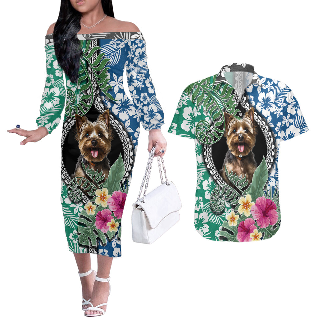 Polynesian Yorkshire Terrier Couples Matching Off The Shoulder Long Sleeve Dress and Hawaiian Shirt Polynesian Pattern And Yorkshire Terrier - Wonder Print Shop