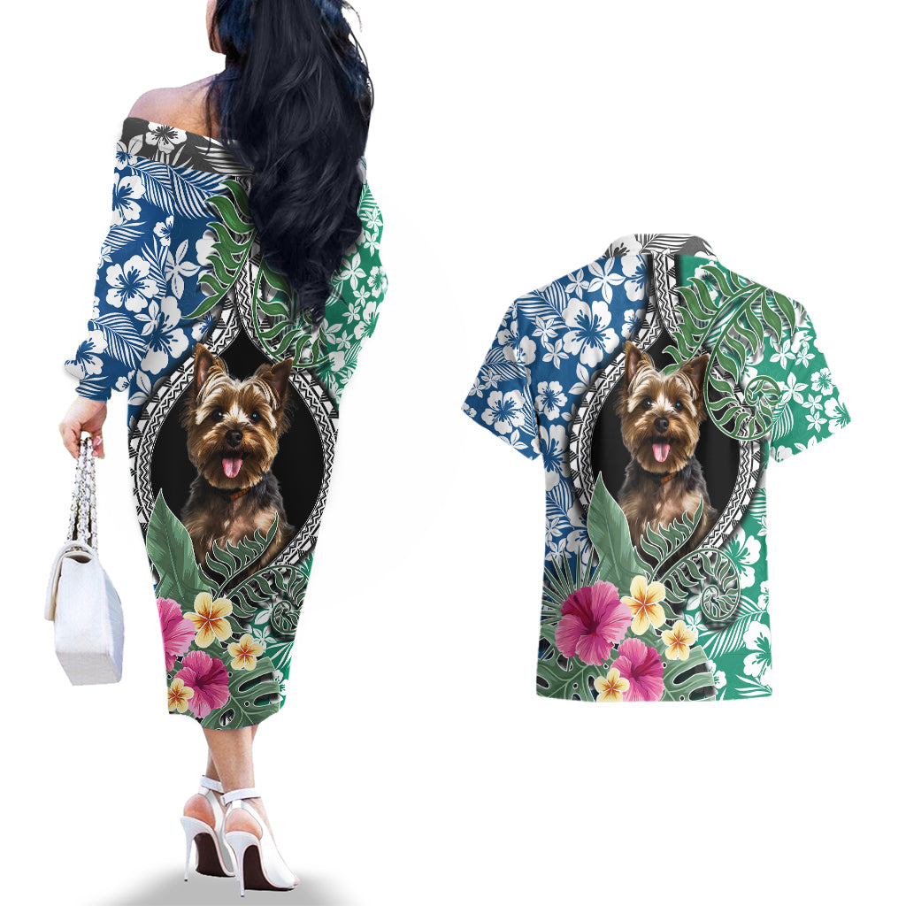 Polynesian Yorkshire Terrier Couples Matching Off The Shoulder Long Sleeve Dress and Hawaiian Shirt Polynesian Pattern And Yorkshire Terrier - Wonder Print Shop