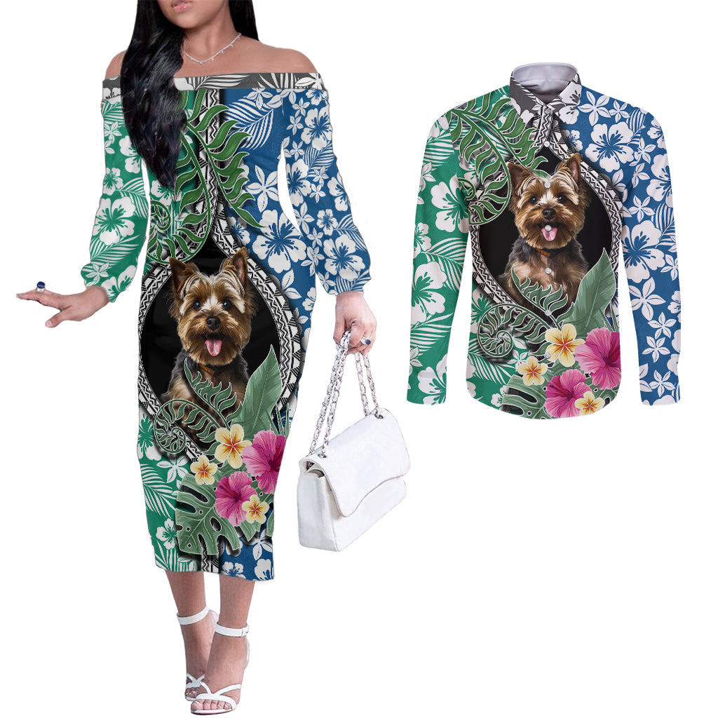 polynesian-yorkshire-terrier-couples-matching-off-the-shoulder-long-sleeve-dress-and-long-sleeve-button-shirts-polynesian-pattern-and-yorkshire-terrier