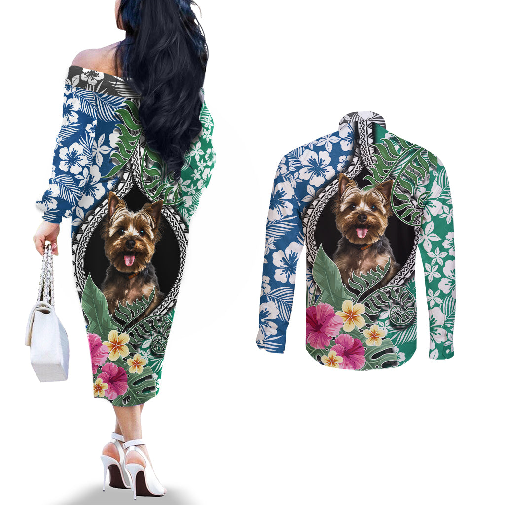 polynesian-yorkshire-terrier-couples-matching-off-the-shoulder-long-sleeve-dress-and-long-sleeve-button-shirts-polynesian-pattern-and-yorkshire-terrier