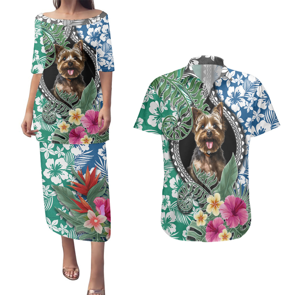 Polynesian Yorkshire Terrier Couples Matching Puletasi Dress and Hawaiian Shirt Polynesian Pattern And Yorkshire Terrier - Wonder Print Shop
