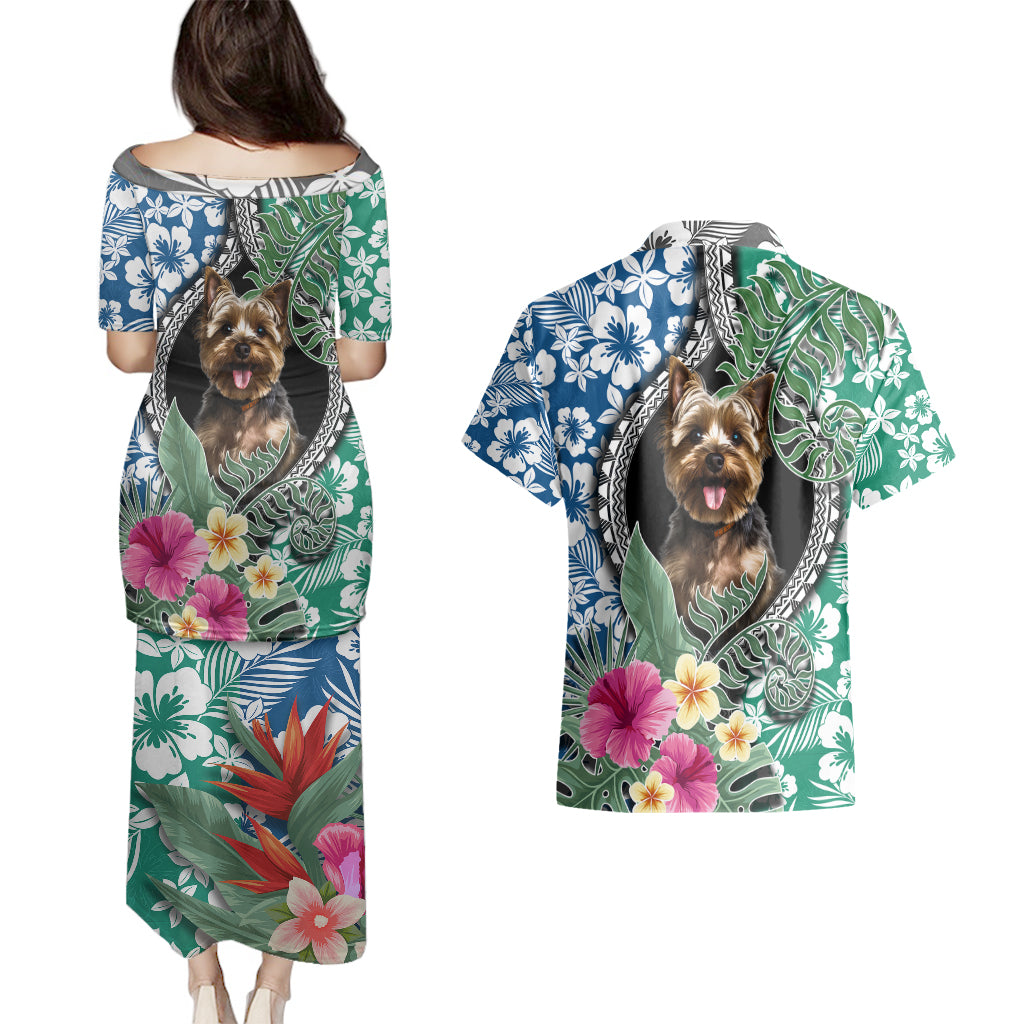 Polynesian Yorkshire Terrier Couples Matching Puletasi Dress and Hawaiian Shirt Polynesian Pattern And Yorkshire Terrier - Wonder Print Shop