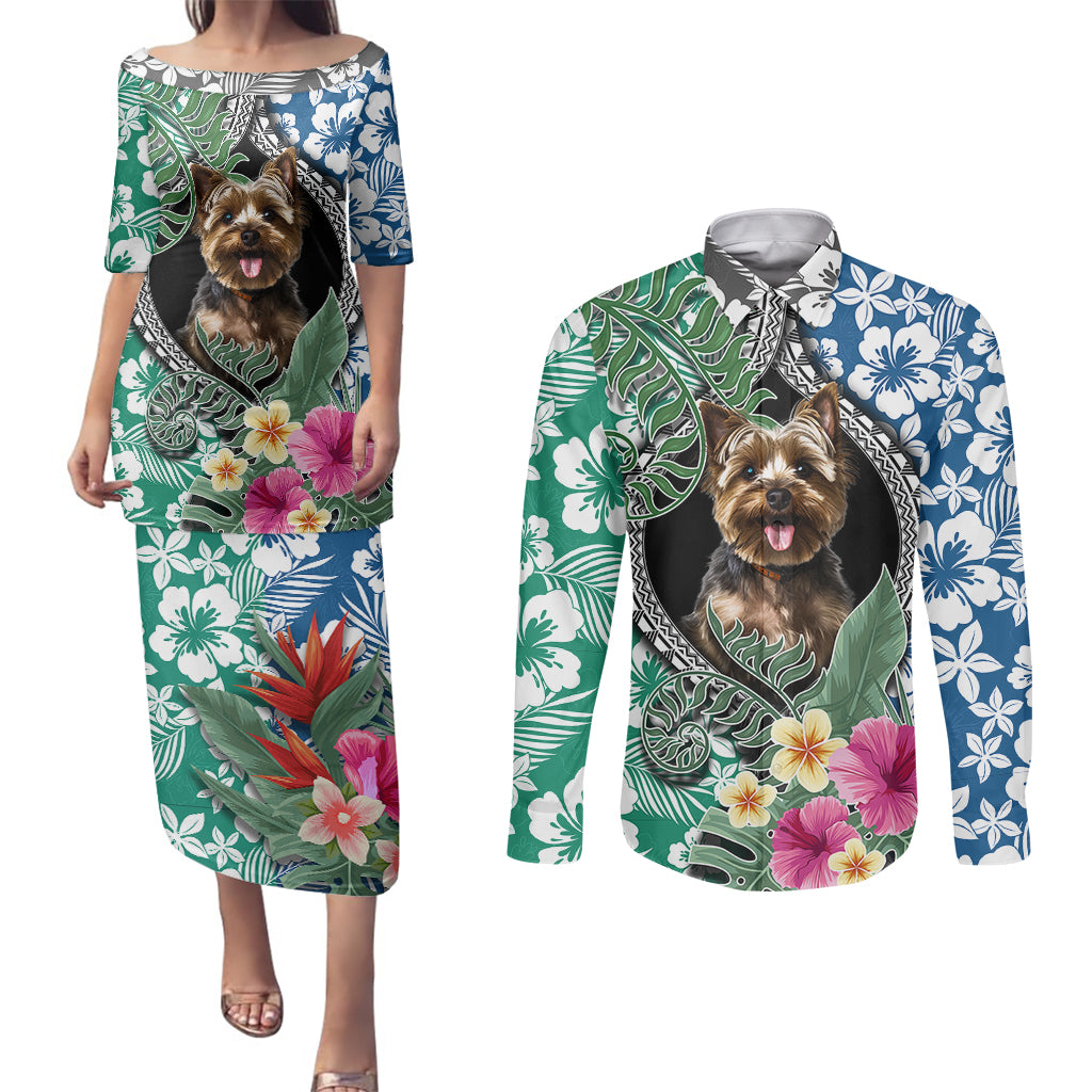 Polynesian Yorkshire Terrier Couples Matching Puletasi Dress and Long Sleeve Button Shirts Polynesian Pattern And Yorkshire Terrier - Wonder Print Shop