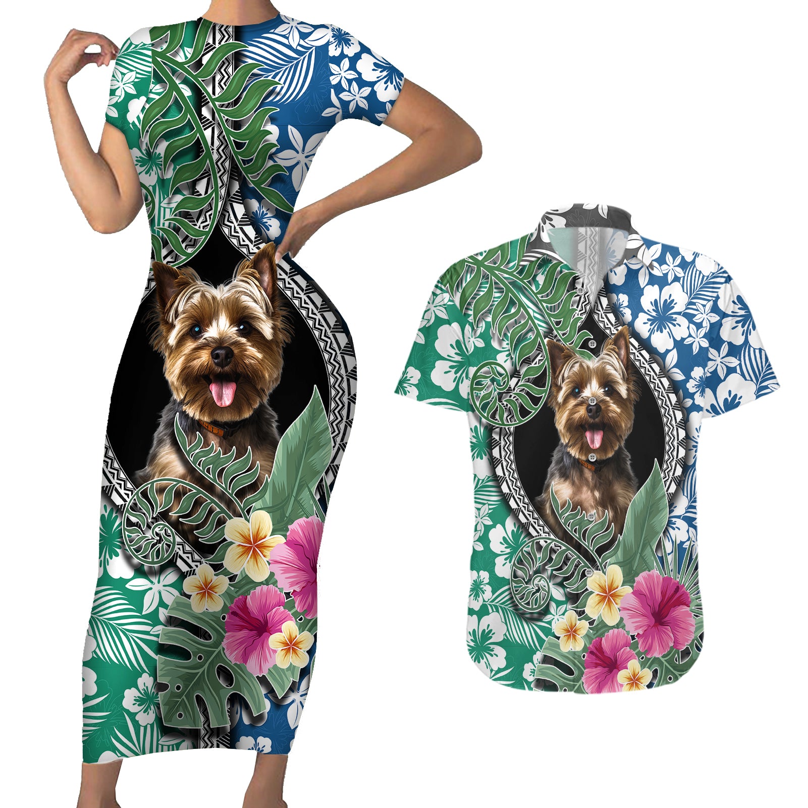 Polynesian Yorkshire Terrier Couples Matching Short Sleeve Bodycon Dress and Hawaiian Shirt Polynesian Pattern And Yorkshire Terrier - Wonder Print Shop