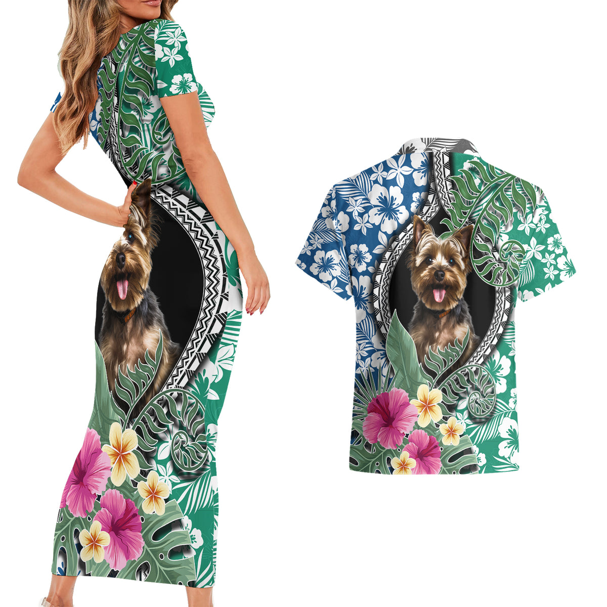 Polynesian Yorkshire Terrier Couples Matching Short Sleeve Bodycon Dress and Hawaiian Shirt Polynesian Pattern And Yorkshire Terrier - Wonder Print Shop