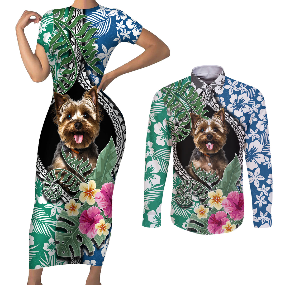 Polynesian Yorkshire Terrier Couples Matching Short Sleeve Bodycon Dress and Long Sleeve Button Shirts Polynesian Pattern And Yorkshire Terrier - Wonder Print Shop