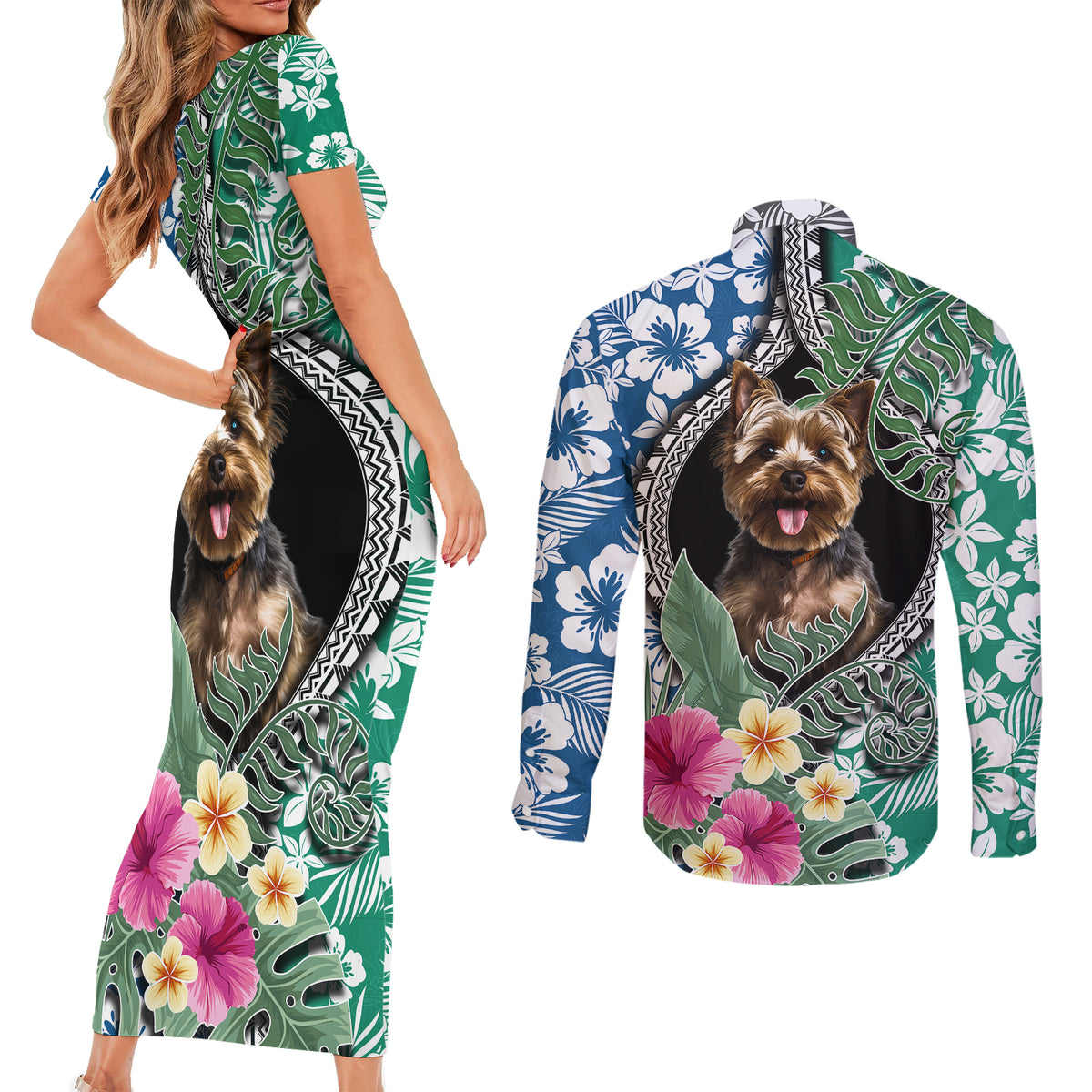 Polynesian Yorkshire Terrier Couples Matching Short Sleeve Bodycon Dress and Long Sleeve Button Shirts Polynesian Pattern And Yorkshire Terrier - Wonder Print Shop