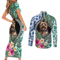 Polynesian Yorkshire Terrier Couples Matching Short Sleeve Bodycon Dress and Long Sleeve Button Shirts Polynesian Pattern And Yorkshire Terrier - Wonder Print Shop