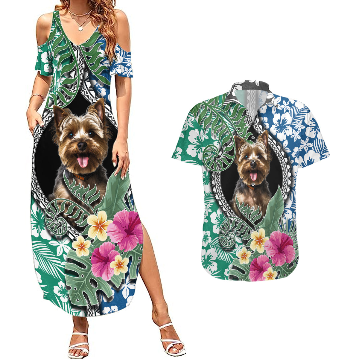 Polynesian Yorkshire Terrier Couples Matching Summer Maxi Dress and Hawaiian Shirt Polynesian Pattern And Yorkshire Terrier - Wonder Print Shop
