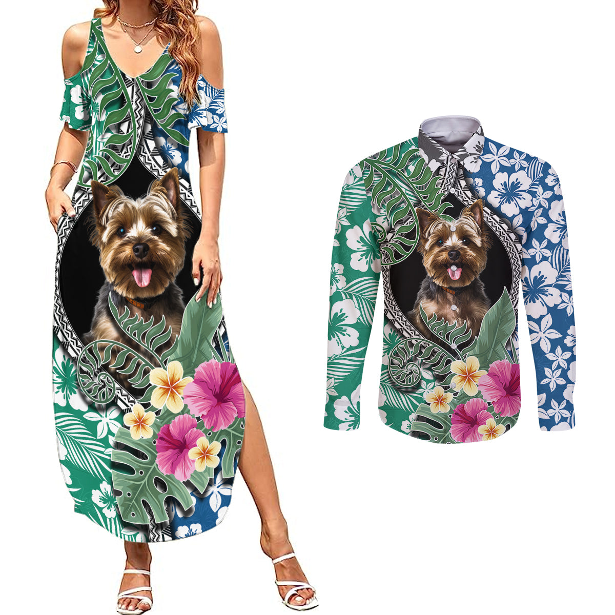 Polynesian Yorkshire Terrier Couples Matching Summer Maxi Dress and Long Sleeve Button Shirts Polynesian Pattern And Yorkshire Terrier - Wonder Print Shop
