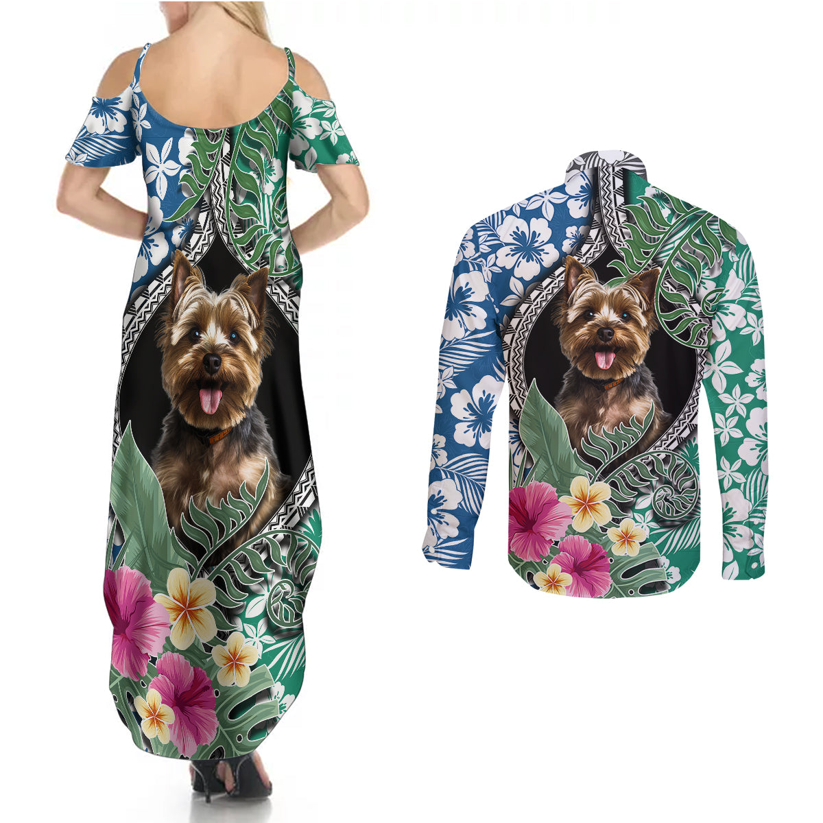 Polynesian Yorkshire Terrier Couples Matching Summer Maxi Dress and Long Sleeve Button Shirts Polynesian Pattern And Yorkshire Terrier - Wonder Print Shop