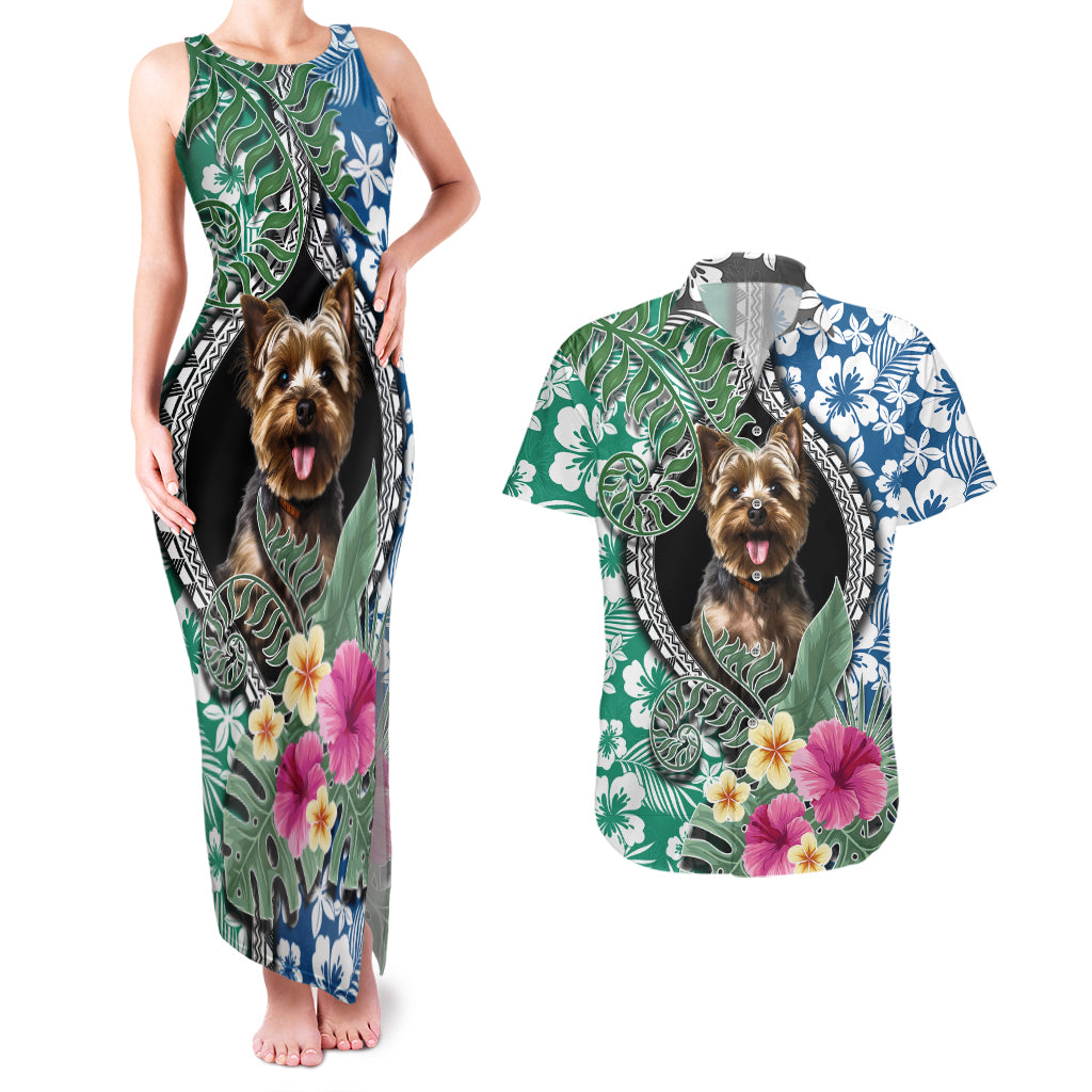 Polynesian Yorkshire Terrier Couples Matching Tank Maxi Dress and Hawaiian Shirt Polynesian Pattern And Yorkshire Terrier - Wonder Print Shop