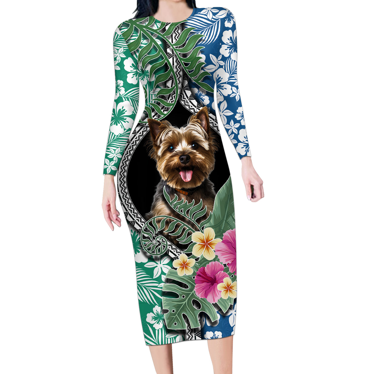 Polynesian Yorkshire Terrier Long Sleeve Bodycon Dress Polynesian Pattern And Yorkshire Terrier - Wonder Print Shop