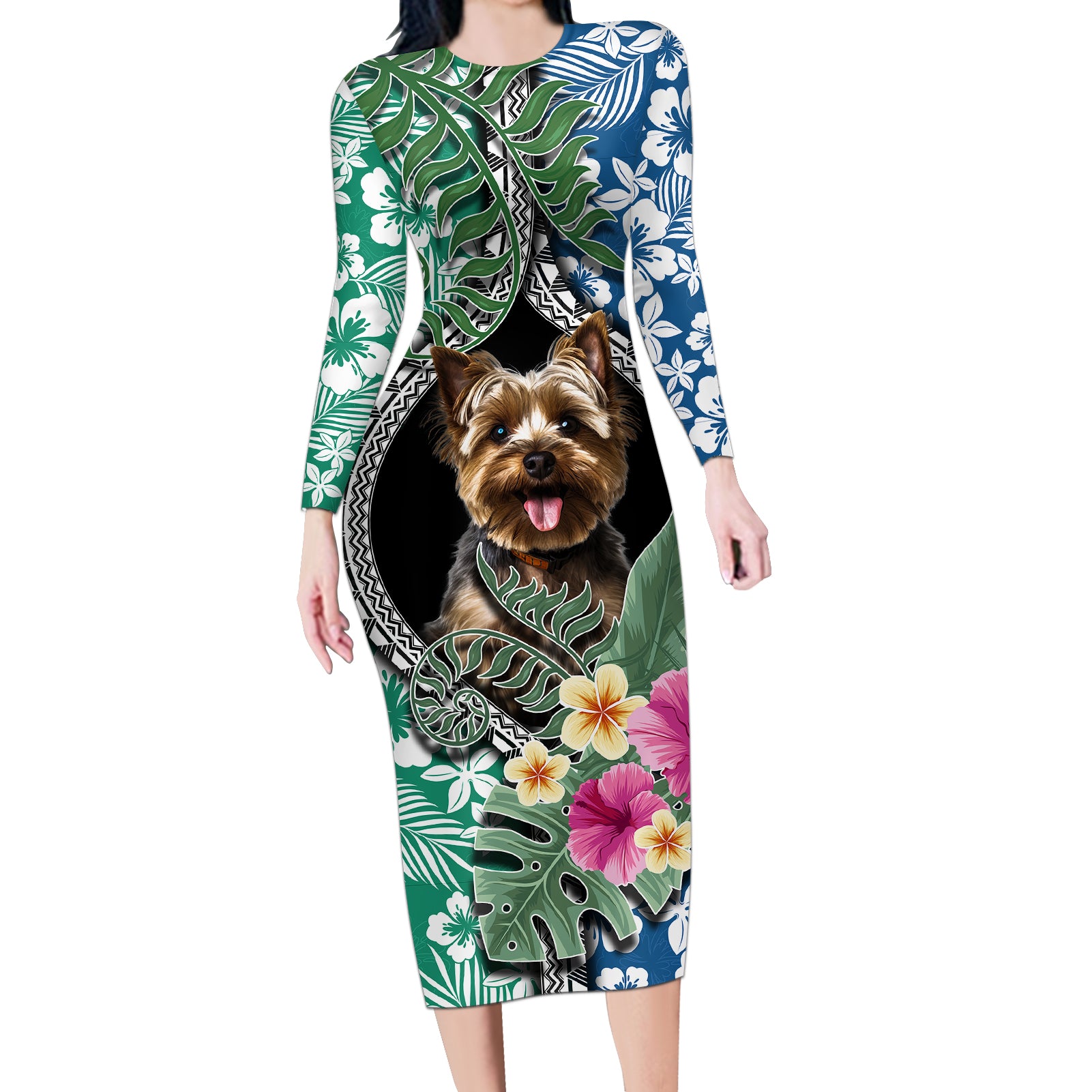 Polynesian Yorkshire Terrier Long Sleeve Bodycon Dress Polynesian Pattern And Yorkshire Terrier - Wonder Print Shop