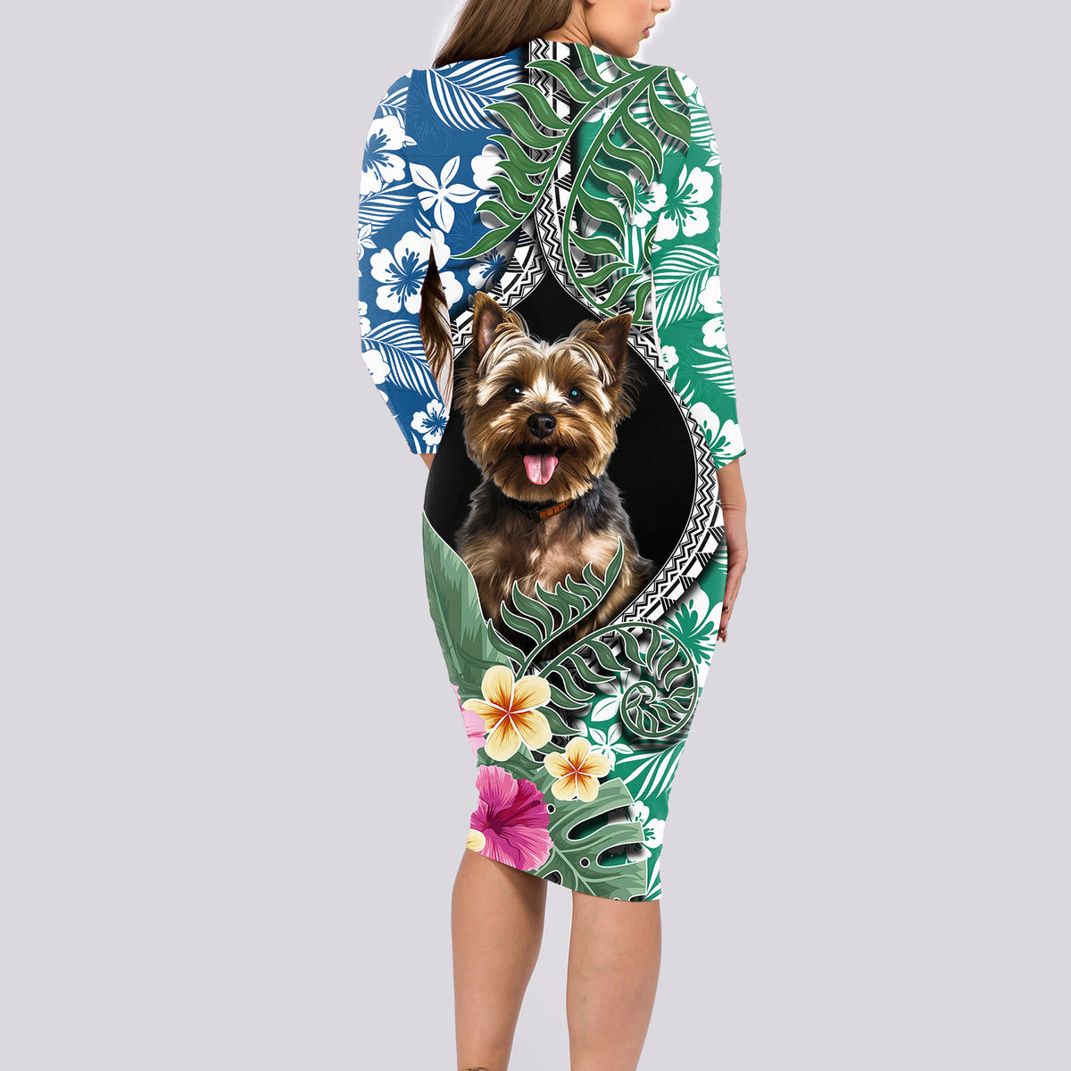 Polynesian Yorkshire Terrier Long Sleeve Bodycon Dress Polynesian Pattern And Yorkshire Terrier - Wonder Print Shop